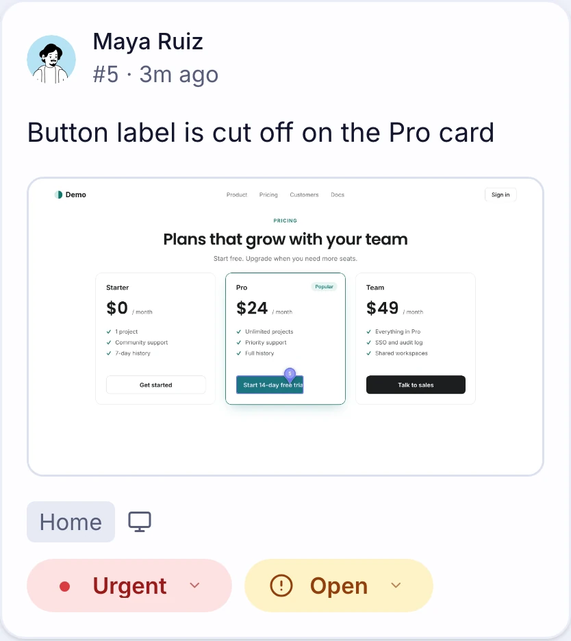 The same note as a ReviewMySites comment: Maya Ruiz, “Button label is cut off on the Pro card”, with a screenshot of the pricing page, the page name, the device, Urgent and Open.