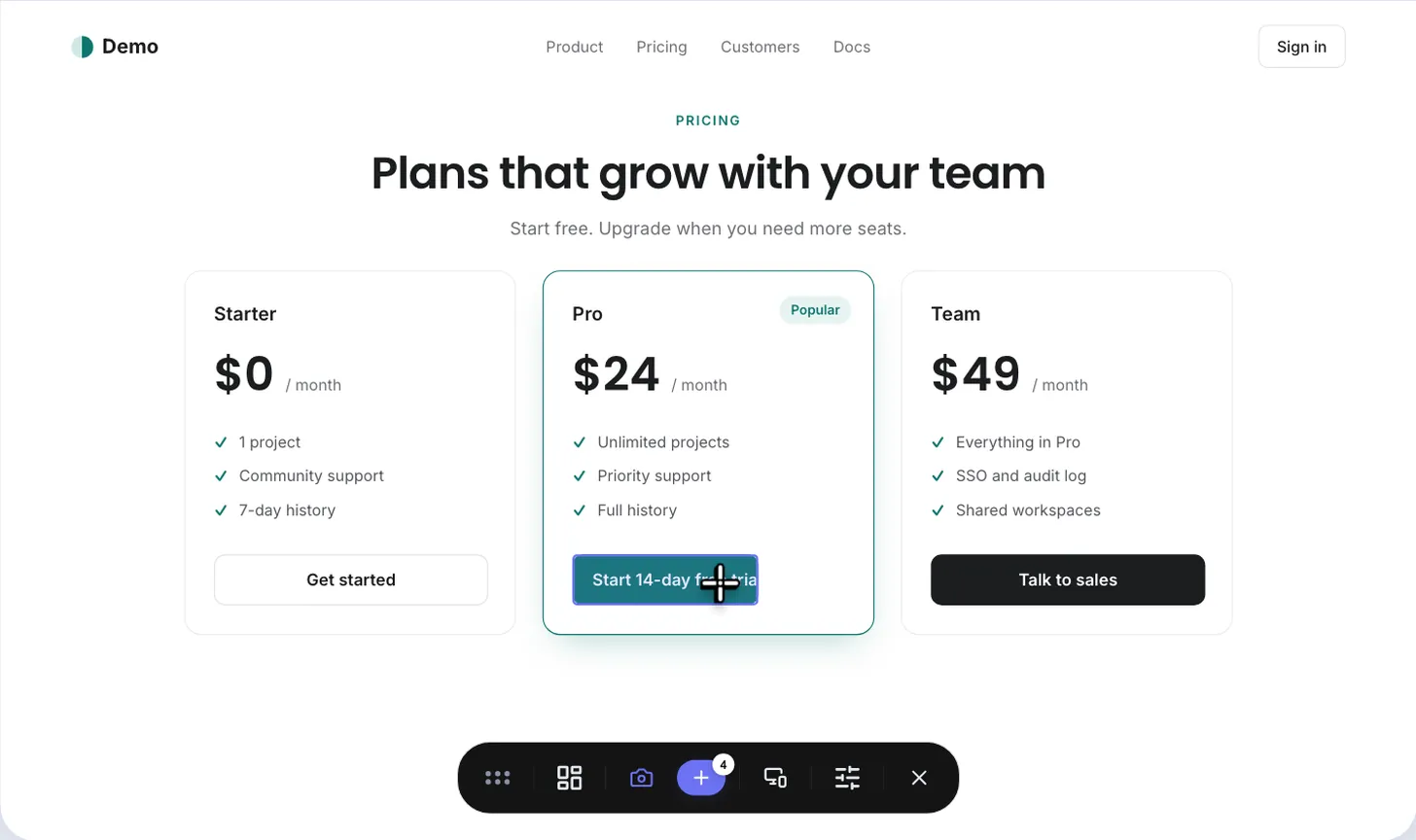 Comment mode on a pricing page: the crosshair over a button whose label is cut off, outlined by the bar.