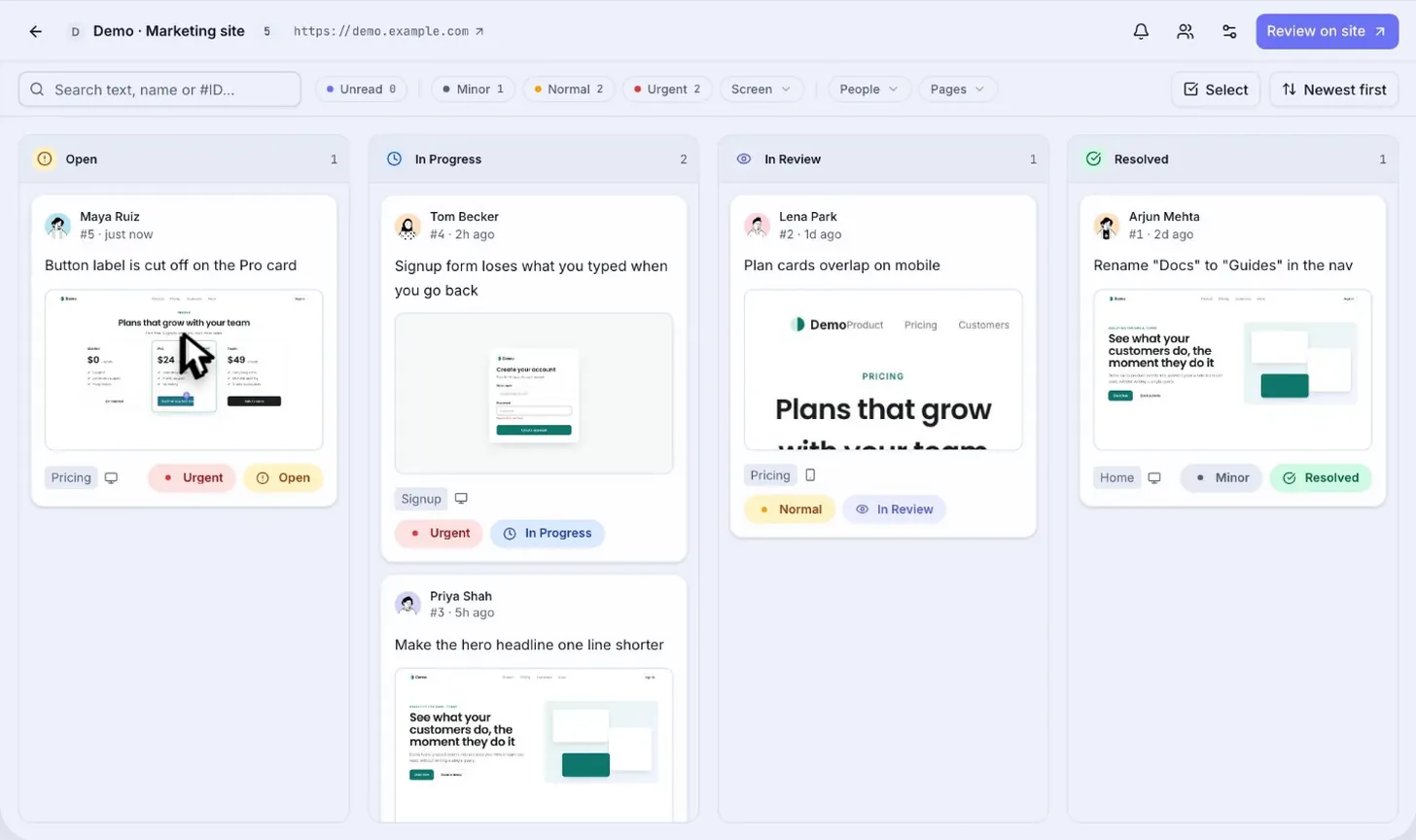 The ReviewMySites board: the new comment in Open, with its screenshot, page and priority.
